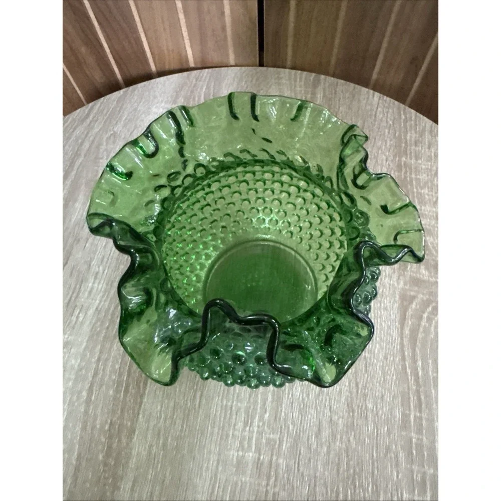 Vintage Fenton Emerald Green Hobnail Ruffled Edge Large Rose Bowl Vase 5.5x6.5